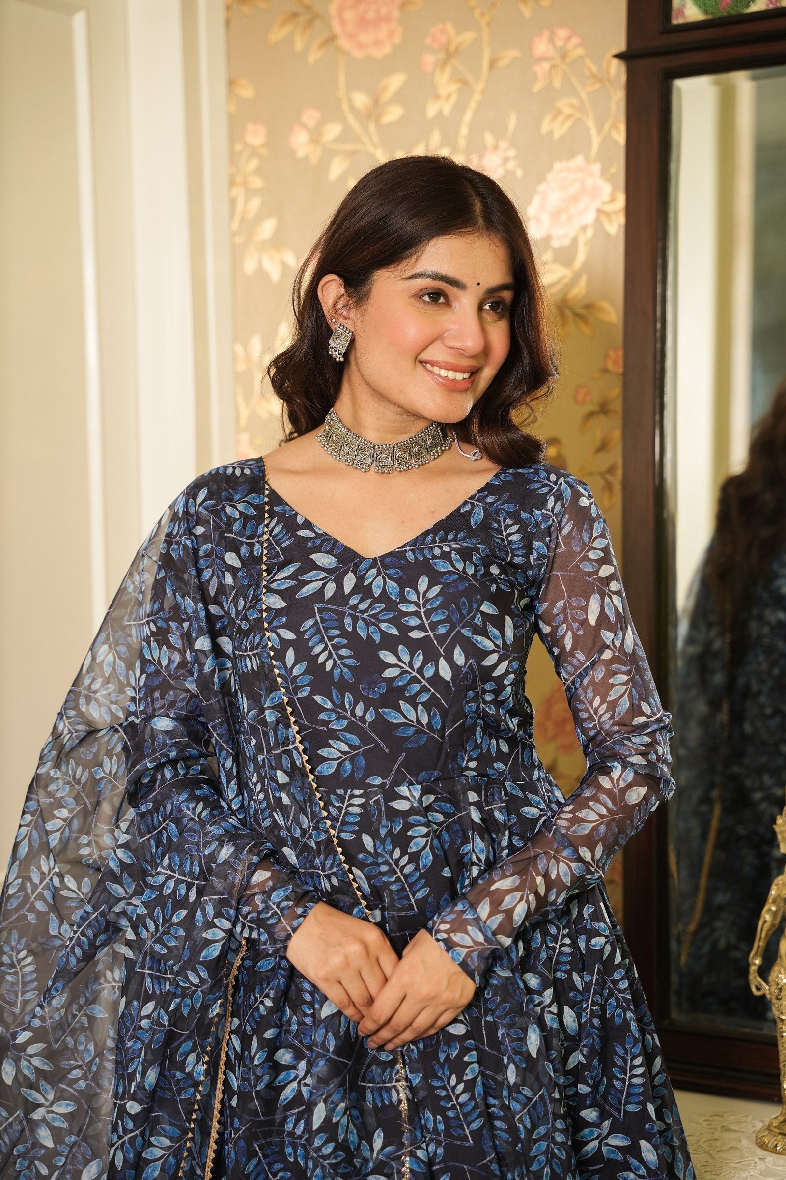 Blue Elegant Printed Three-Piece Anarkali Suit ClothsVilla