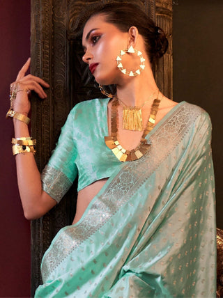 Blue Elegant Pure Satin Handloom Saree with Unstitched Blouse Piece Clothsvilla