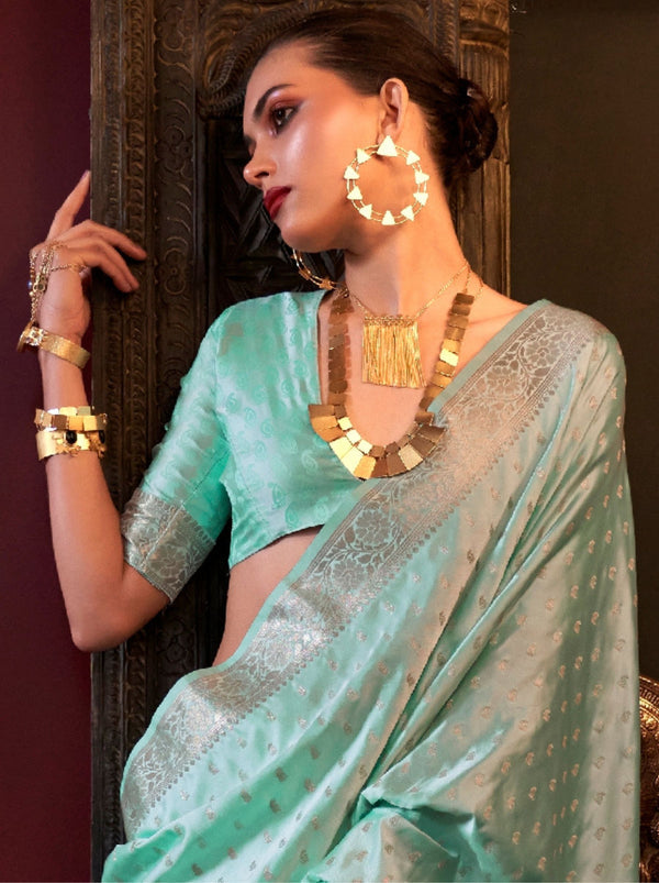 Blue Elegant Pure Satin Handloom Saree with Unstitched Blouse Piece Clothsvilla