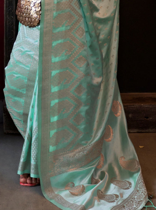 Blue Elegant Pure Satin Handloom Saree with Unstitched Blouse Piece Clothsvilla