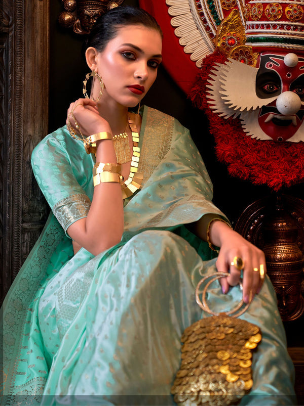 Blue Elegant Pure Satin Handloom Saree with Unstitched Blouse Piece Clothsvilla