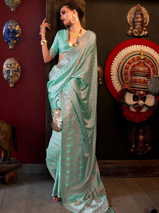 Blue Elegant Pure Satin Handloom Saree with Unstitched Blouse Piece Clothsvilla