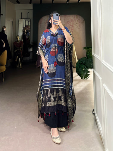 Blue Elegant Pure Viscose Handwork Kaftan with Zari Border ClothsVilla