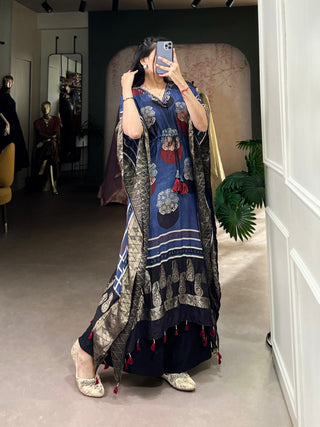 Blue Elegant Pure Viscose Handwork Kaftan with Zari Border ClothsVilla