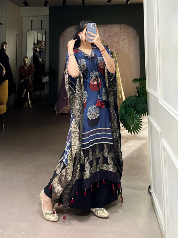 Blue Elegant Pure Viscose Handwork Kaftan with Zari Border ClothsVilla
