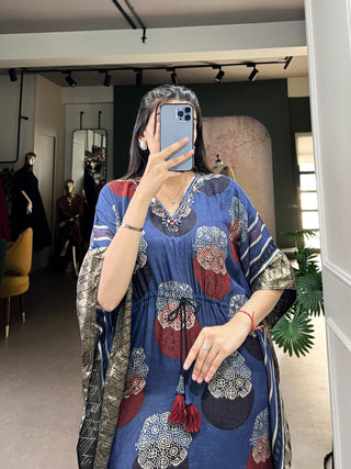 Blue Elegant Pure Viscose Handwork Kaftan with Zari Border ClothsVilla