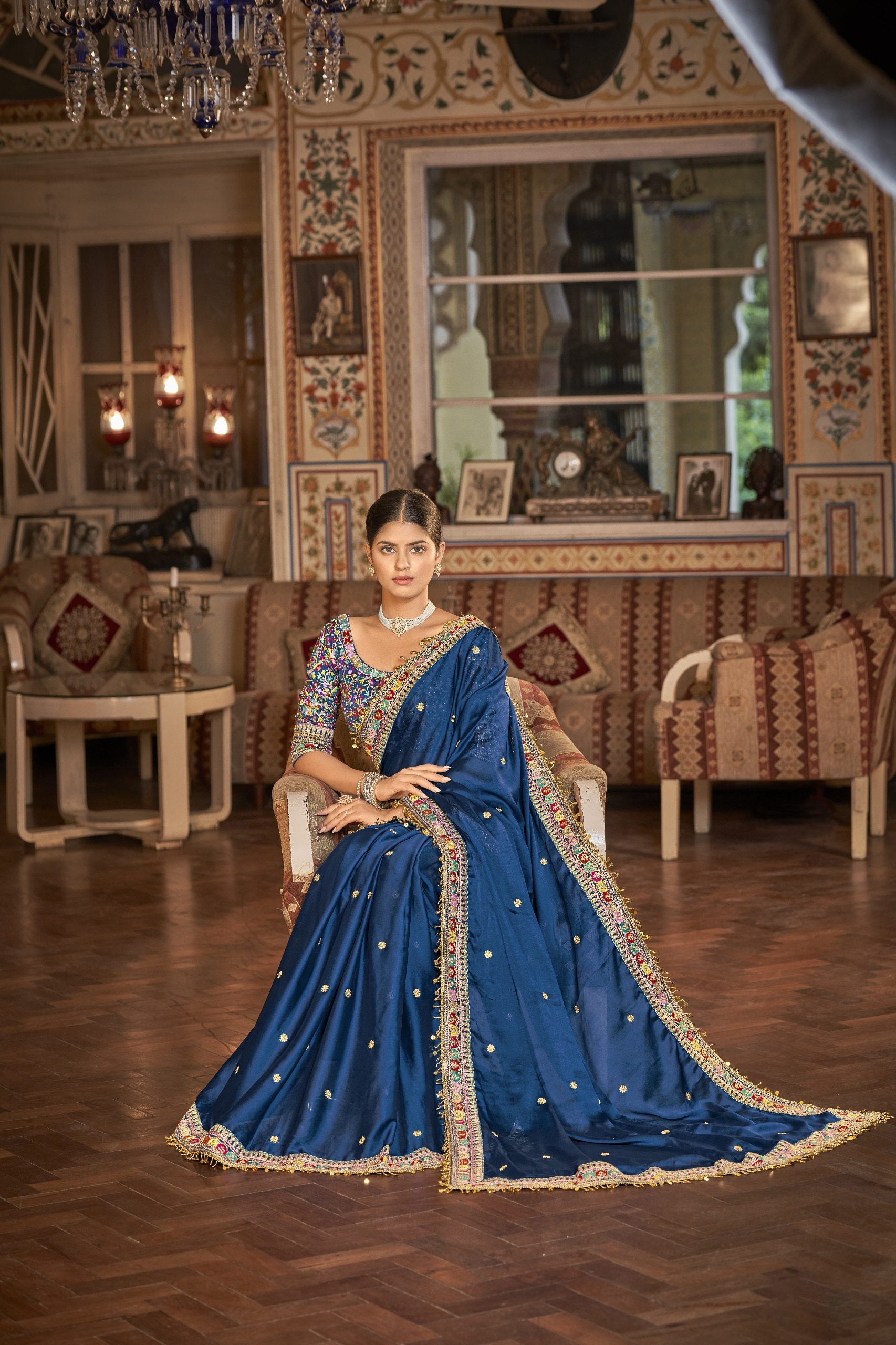Blue Elegant Rangoli Silk Saree with Resham, Zari & Sequins Work Unstitched Blouse Included Secondary image
