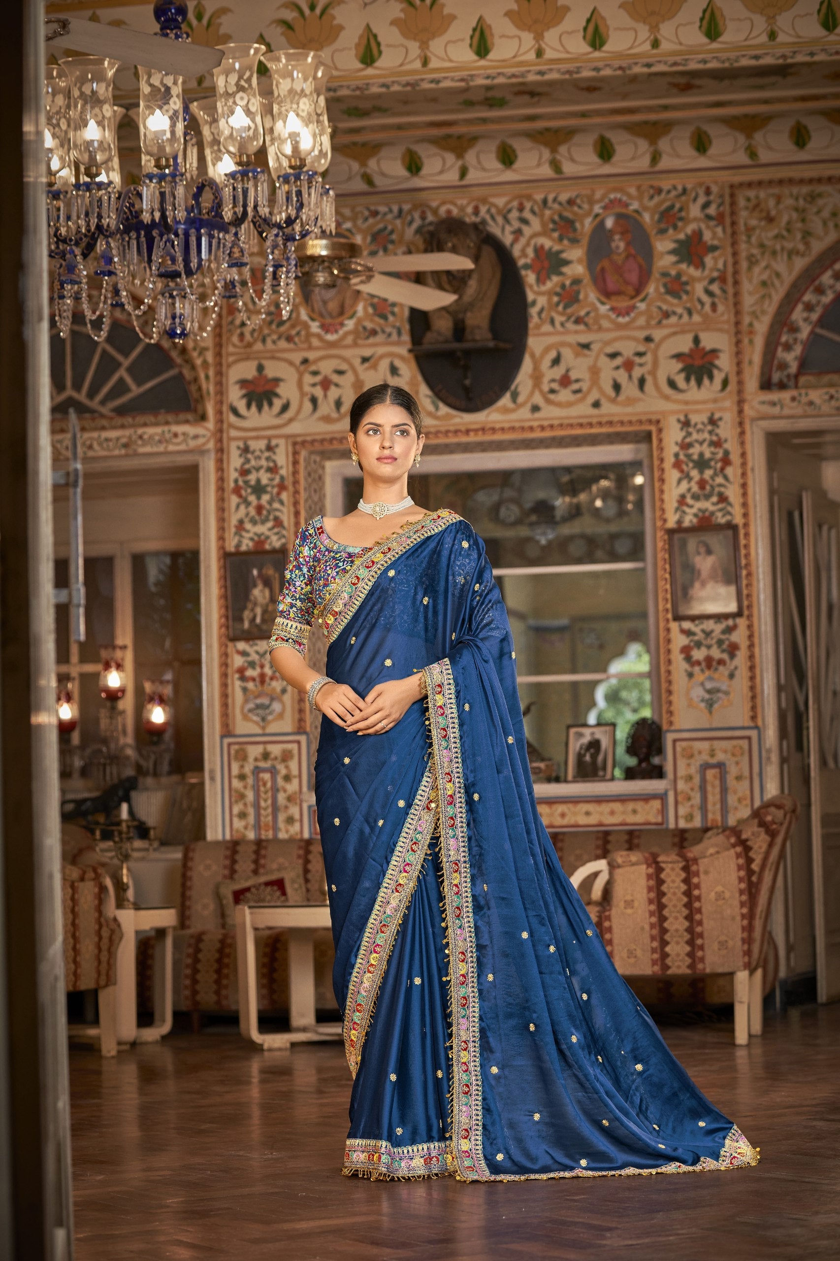 Blue Elegant Rangoli Silk Saree with Resham, Zari & Sequins Work Unstitched Blouse Included ClothsVilla Main image