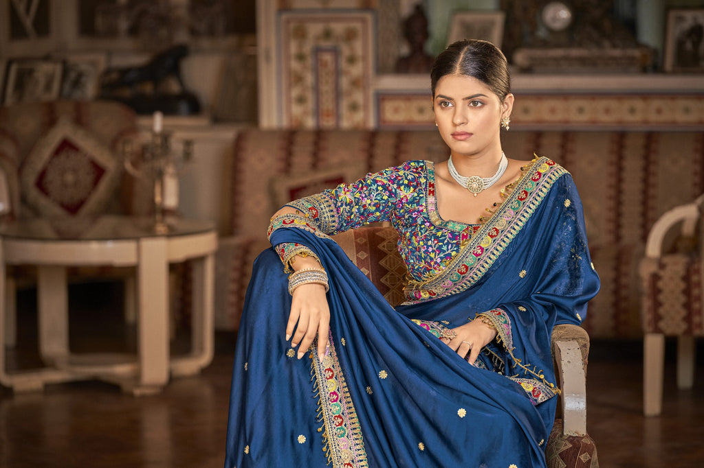 Blue Elegant Rangoli Silk Saree with Resham, Zari & Sequins Work Unstitched Blouse Included ClothsVilla