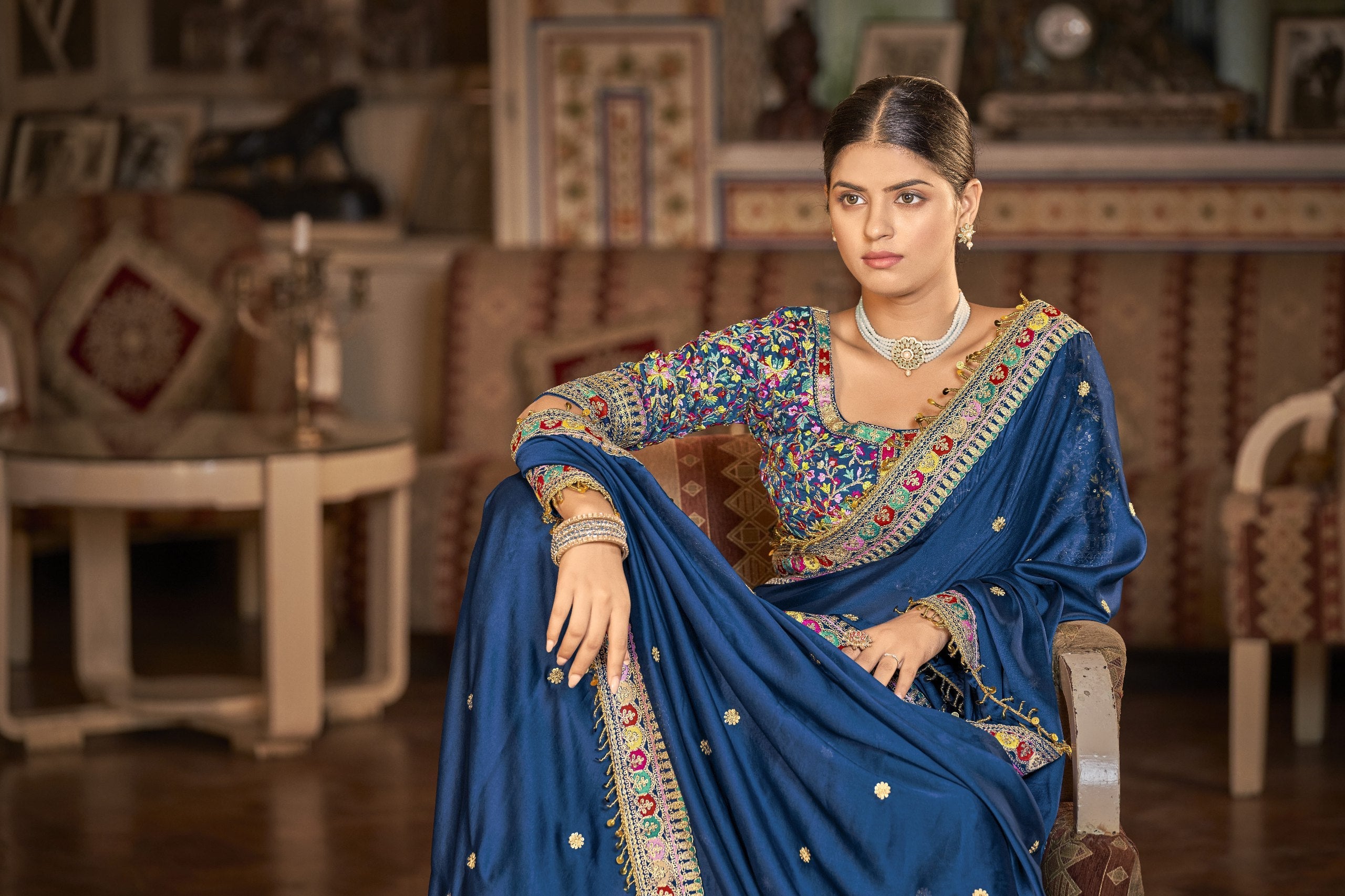Blue Elegant Rangoli Silk Saree with Resham, Zari & Sequins Work Unstitched Blouse Included ClothsVilla