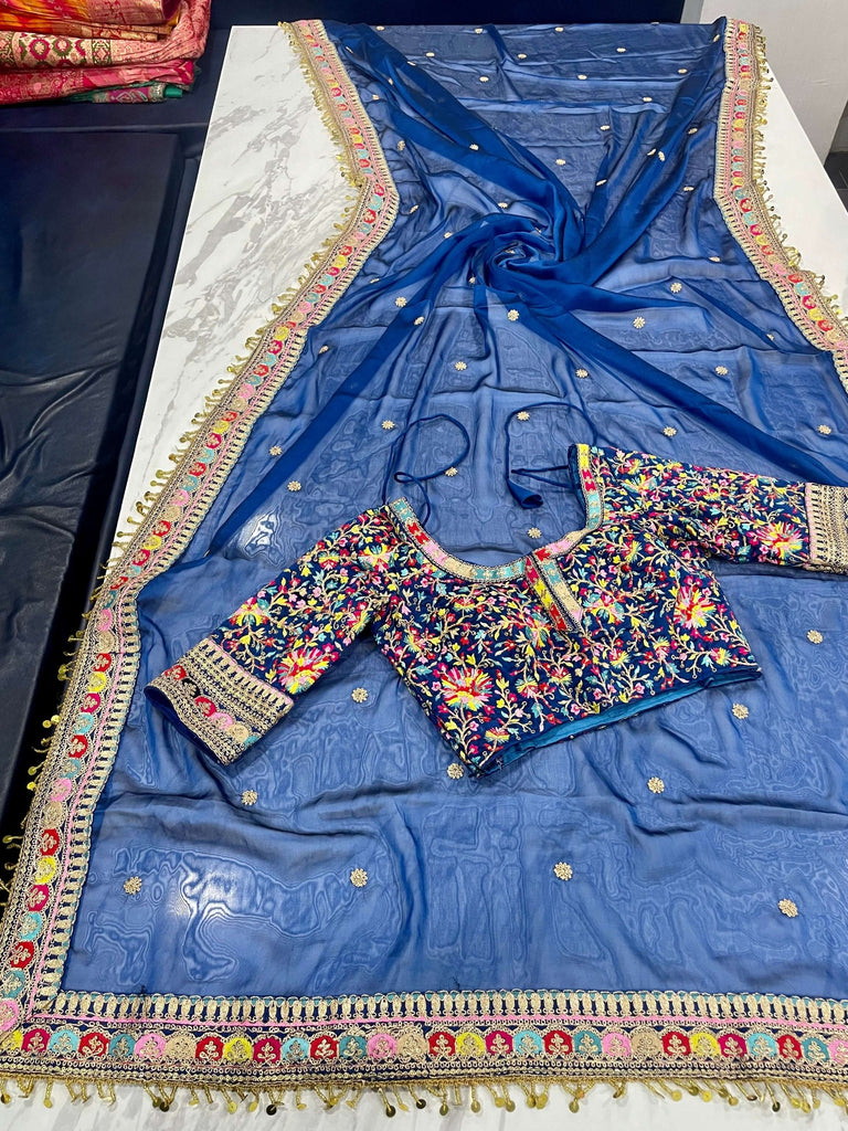 Blue Elegant Rangoli Silk Saree with Resham, Zari & Sequins Work Unstitched Blouse Included ClothsVilla