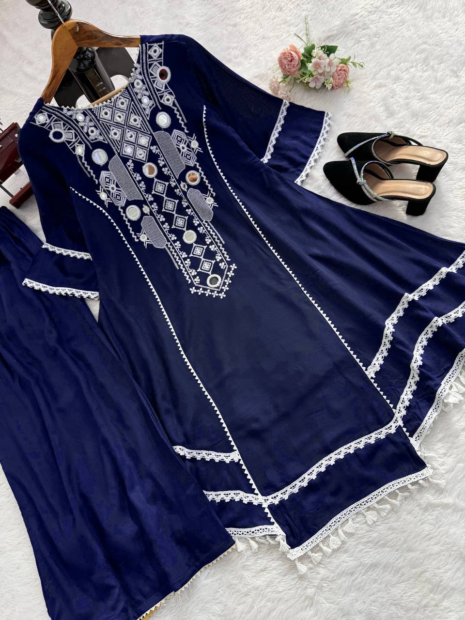 Blue Elegant Reyon Cotton Top & Plazo Set with Real Mirror Work and Fancy Lace Latkan ClothsVilla