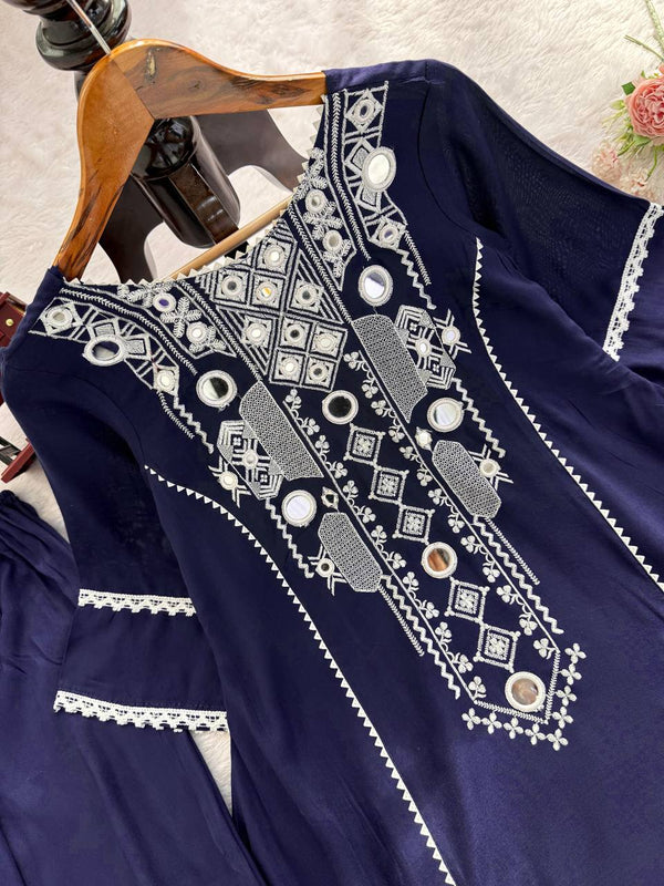 Blue Elegant Reyon Cotton Top & Plazo Set with Real Mirror Work and Fancy Lace Latkan ClothsVilla