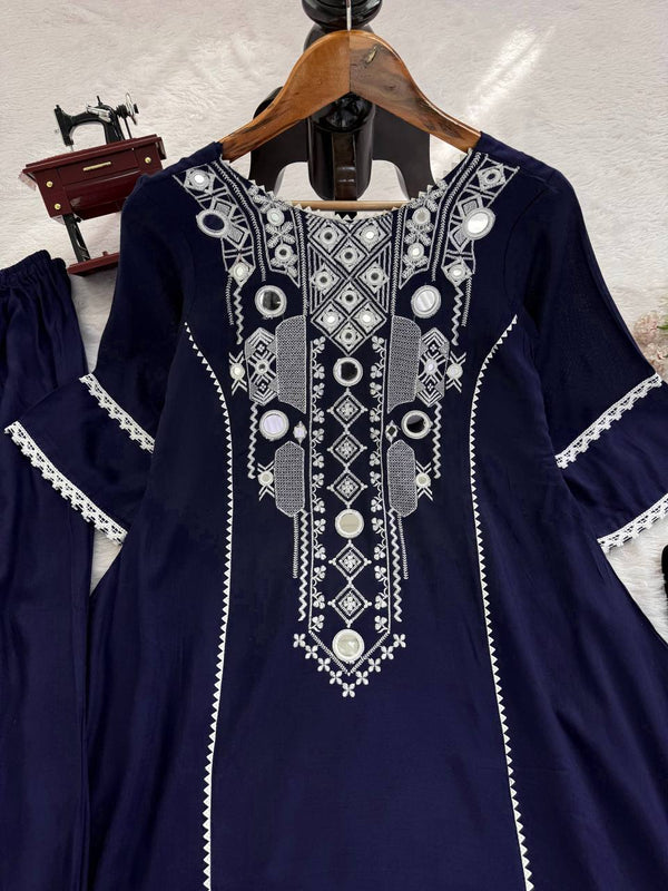 Blue Elegant Reyon Cotton Top & Plazo Set with Real Mirror Work and Fancy Lace Latkan ClothsVilla