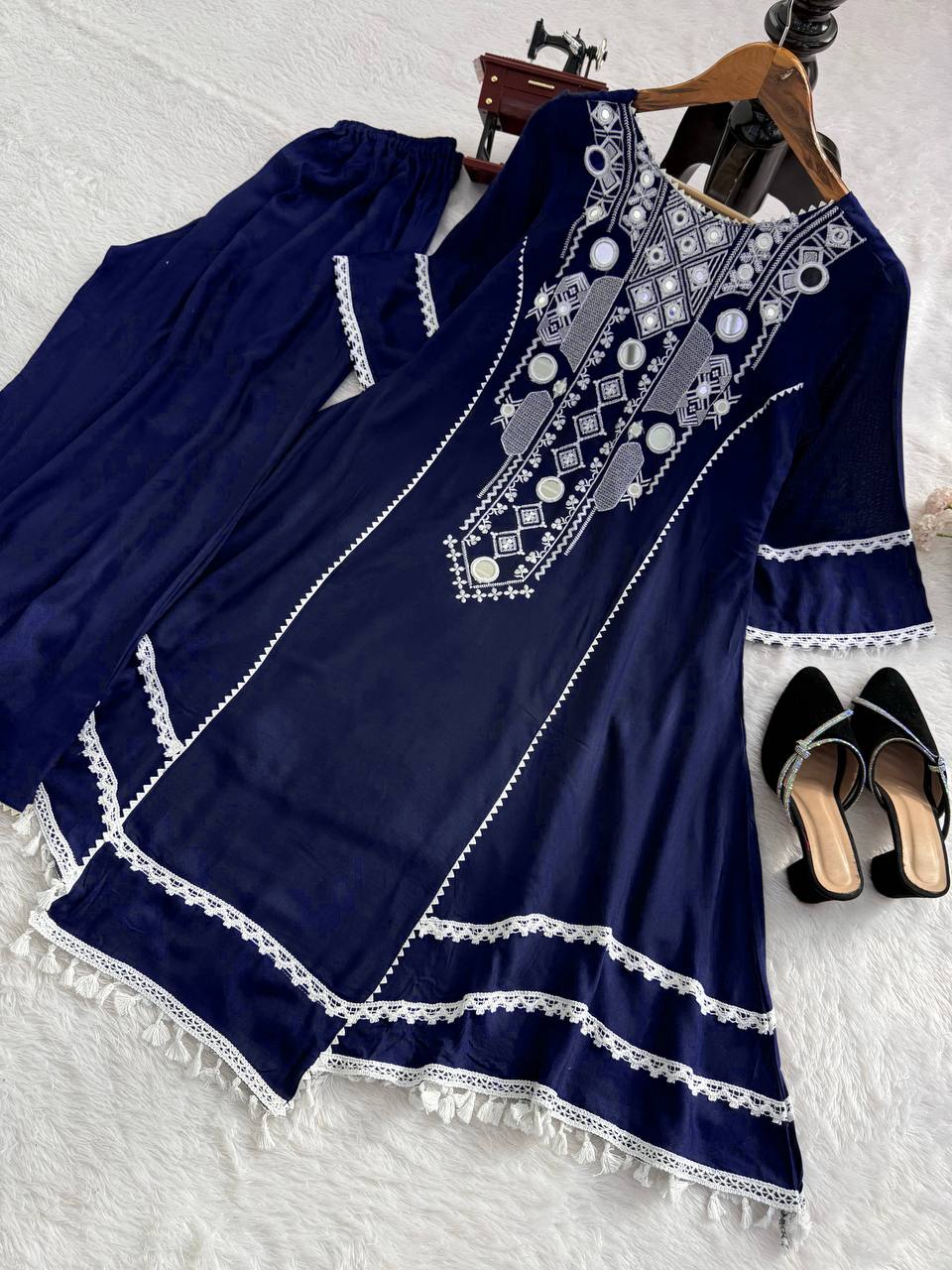 Blue Elegant Reyon Cotton Top & Plazo Set with Real Mirror Work and Fancy Lace Latkan ClothsVilla