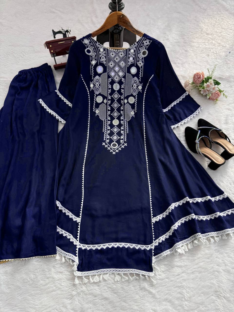 Blue Elegant Reyon Cotton Top & Plazo Set with Real Mirror Work and Fancy Lace Latkan ClothsVilla