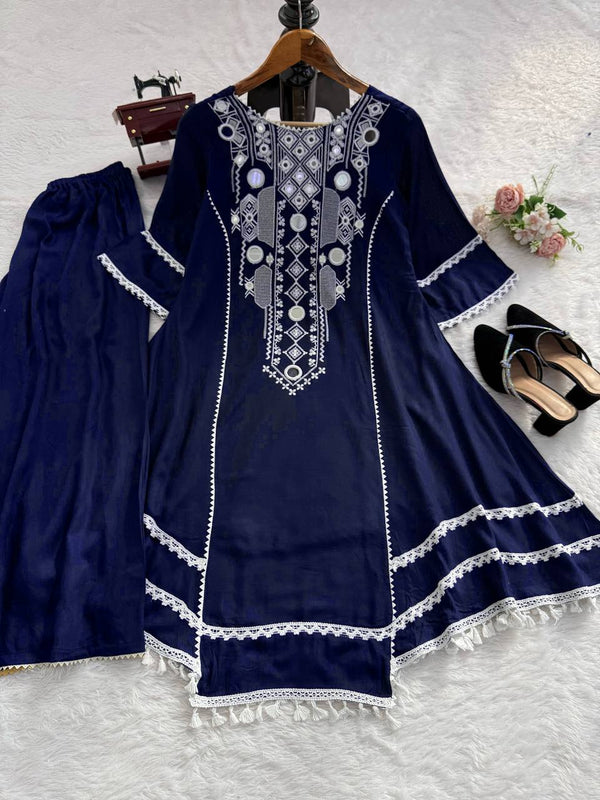 Blue Elegant Reyon Cotton Top & Plazo Set with Real Mirror Work and Fancy Lace Latkan ClothsVilla