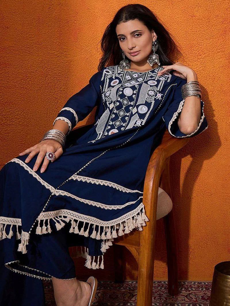Blue Elegant Reyon Cotton Top & Plazo Set with Real Mirror Work and Fancy Lace Latkan ClothsVilla