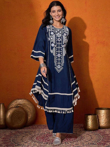 Blue Elegant Reyon Cotton Top & Plazo Set with Real Mirror Work and Fancy Lace Latkan ClothsVilla