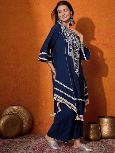 Blue Elegant Reyon Cotton Top & Plazo Set with Real Mirror Work and Fancy Lace Latkan ClothsVilla