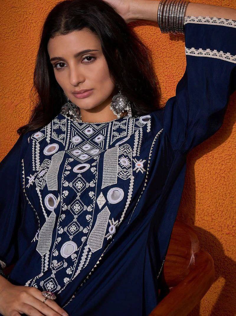 Blue Elegant Reyon Cotton Top & Plazo Set with Real Mirror Work and Fancy Lace Latkan ClothsVilla