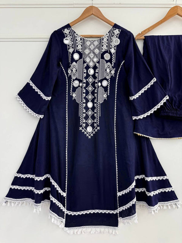 Blue Elegant Reyon Cotton Top & Plazo Set with Real Mirror Work and Fancy Lace Latkan ClothsVilla