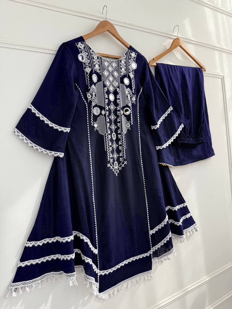 Blue Elegant Reyon Cotton Top & Plazo Set with Real Mirror Work and Fancy Lace Latkan ClothsVilla