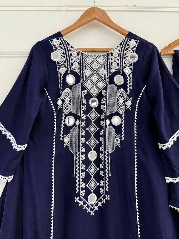 Blue Elegant Reyon Cotton Top & Plazo Set with Real Mirror Work and Fancy Lace Latkan ClothsVilla