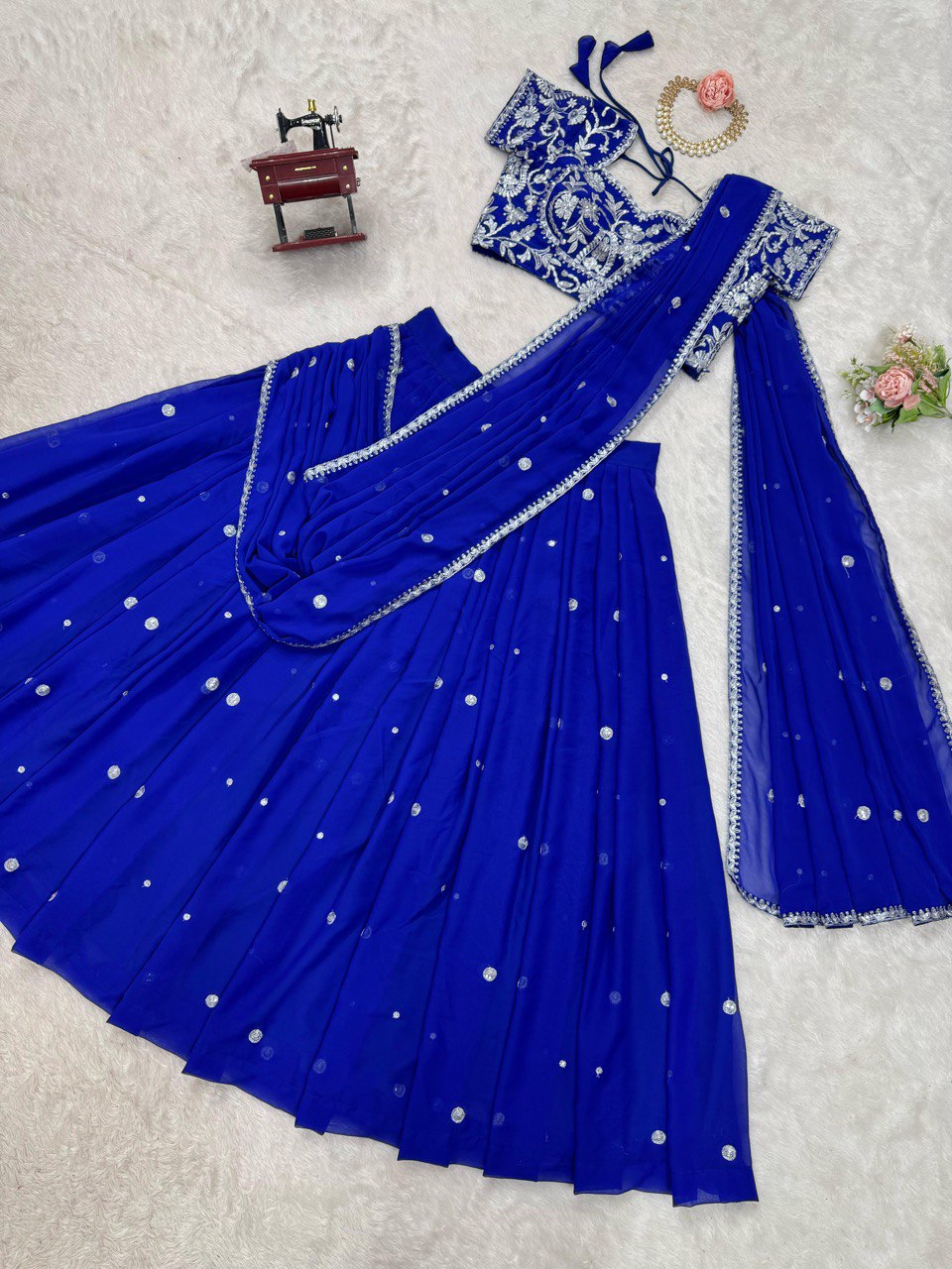 Blue Elegant Ruffle-Style Lehenga Saree with Sequins & Thread Work