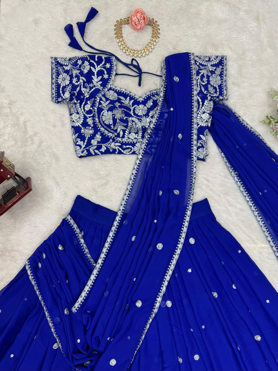 Blue Elegant Ruffle-Style Lehenga Saree with Sequins & Thread Work