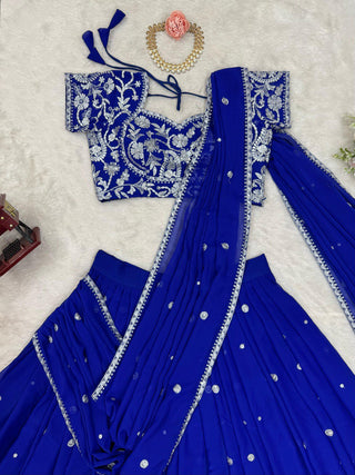 Blue Elegant Ruffle-Style Lehenga Saree with Sequins & Thread Work