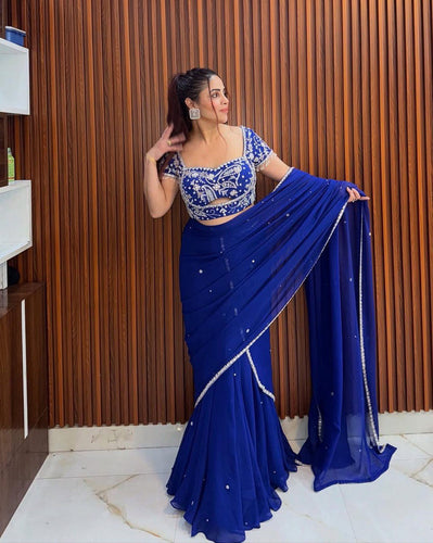 Blue Elegant Ruffle-Style Lehenga Saree with Sequins & Thread Work