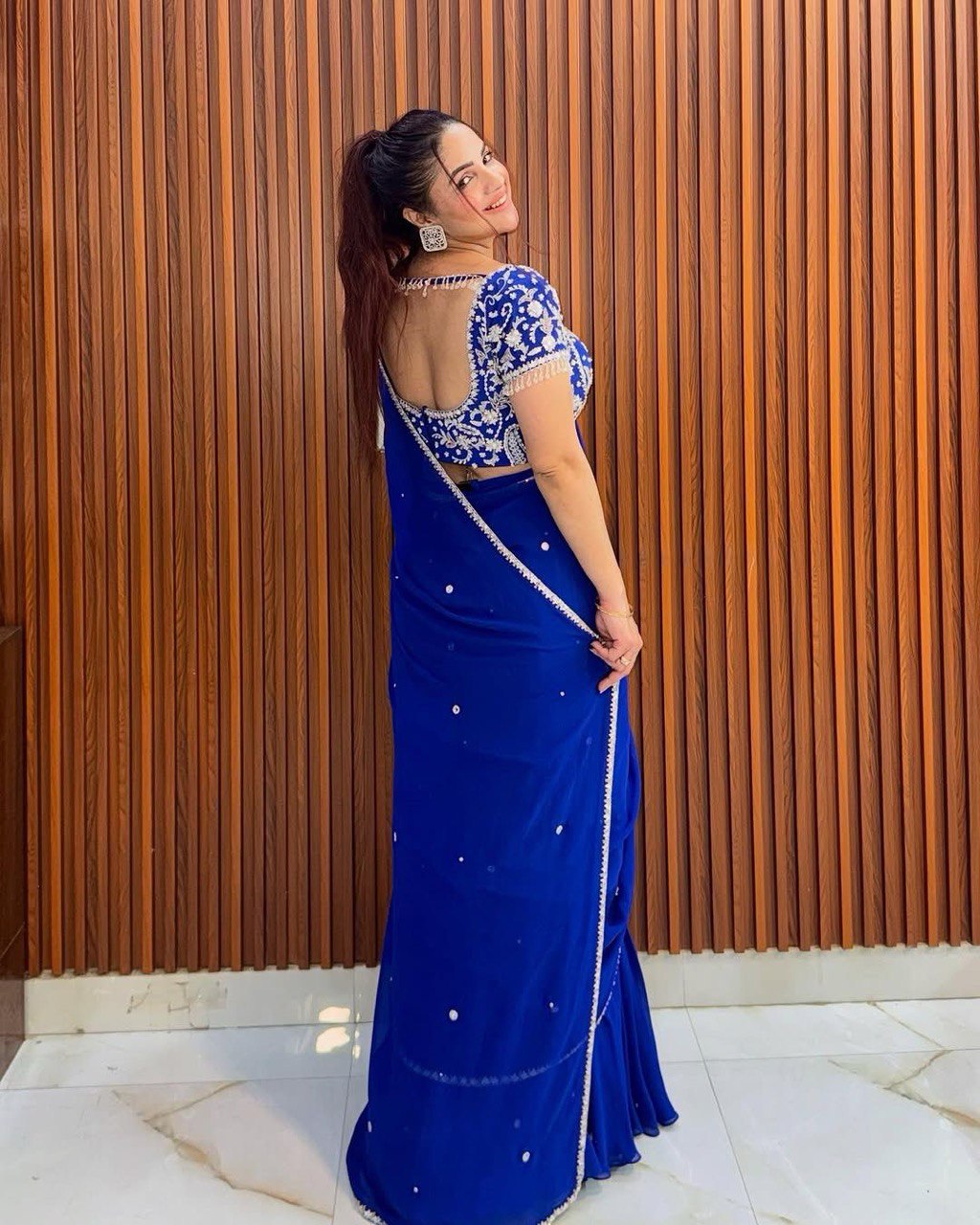 Blue Elegant Ruffle-Style Lehenga Saree with Sequins & Thread Work