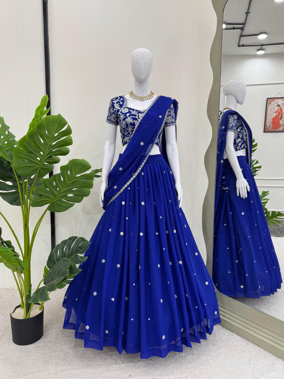 Blue Elegant Ruffle-Style Lehenga Saree with Sequins & Thread Work