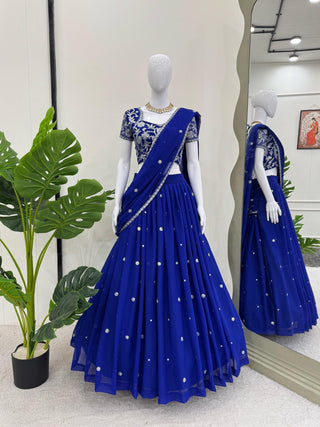 Blue Elegant Ruffle-Style Lehenga Saree with Sequins & Thread Work
