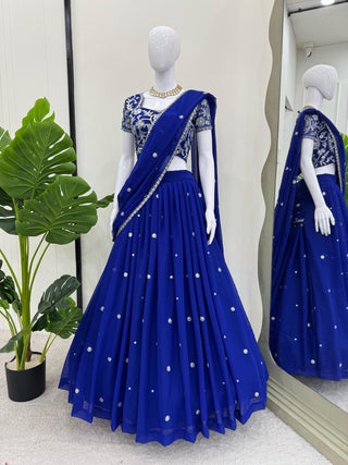 Blue Elegant Ruffle-Style Lehenga Saree with Sequins & Thread Work
