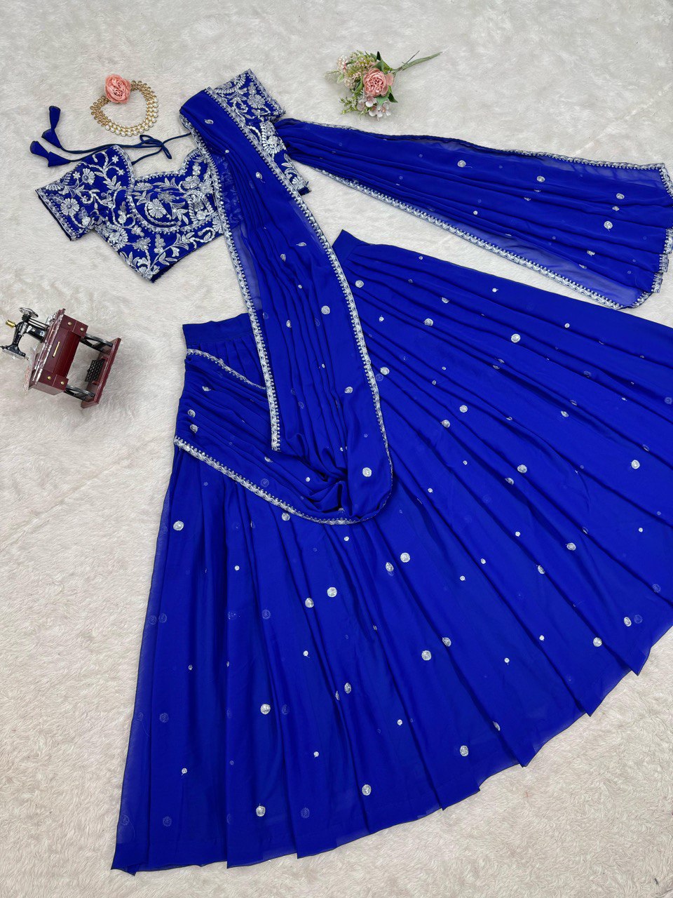 Blue Elegant Ruffle-Style Lehenga Saree with Sequins & Thread Work
