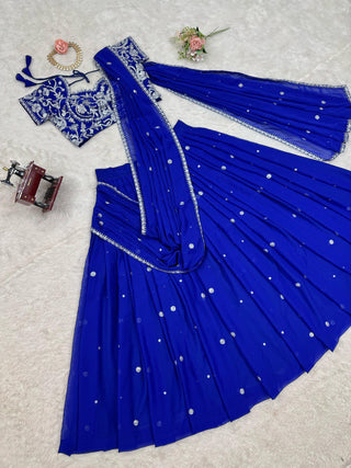 Blue Elegant Ruffle-Style Lehenga Saree with Sequins & Thread Work