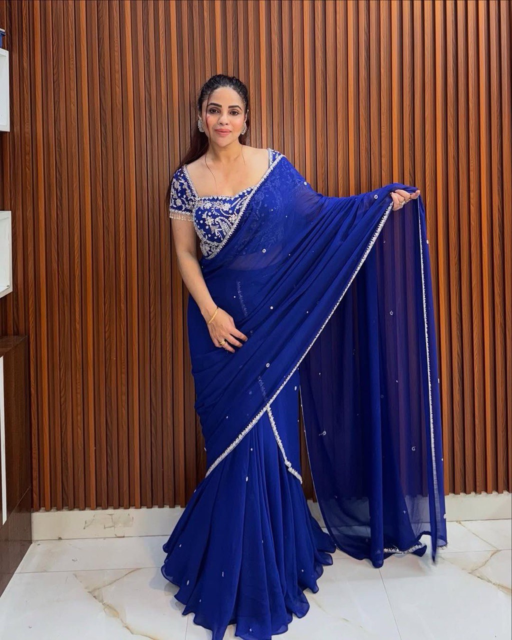 Blue Elegant Ruffle-Style Lehenga Saree with Sequins & Thread Work Main image