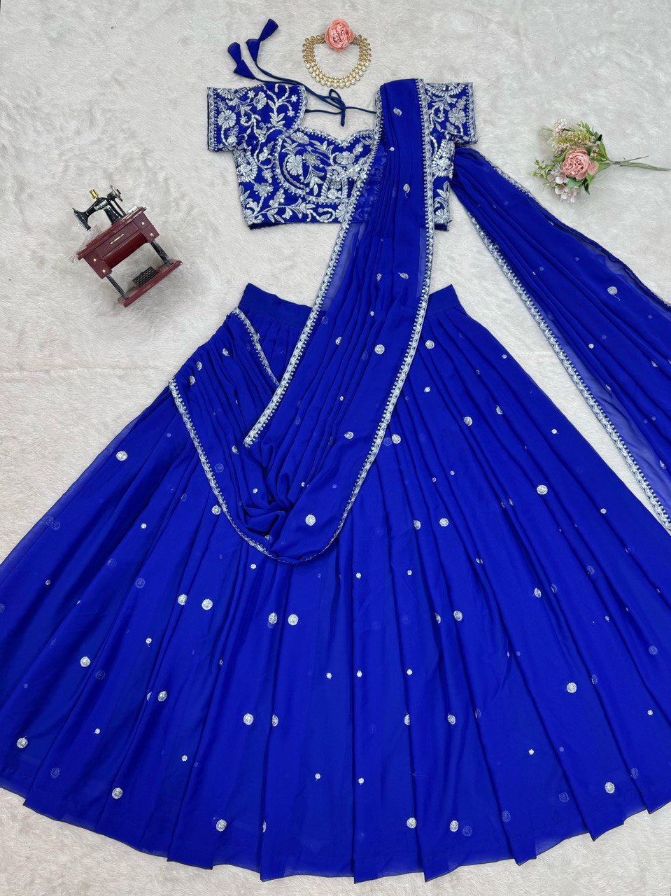Blue Elegant Ruffle-Style Lehenga Saree with Sequins & Thread Work