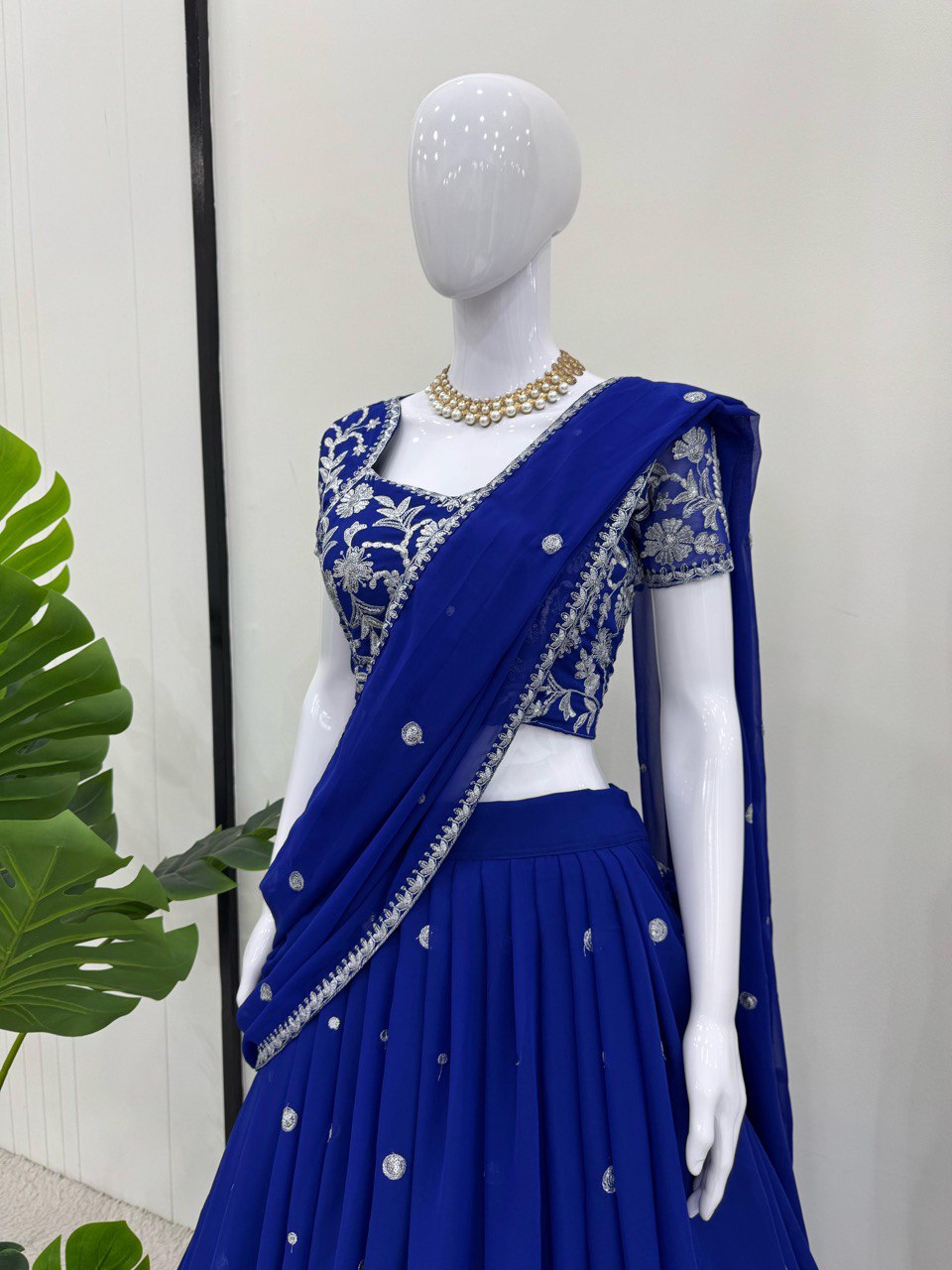 Blue Elegant Ruffle-Style Lehenga Saree with Sequins & Thread Work
