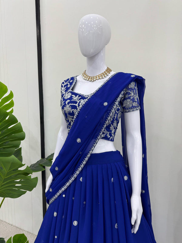 Blue Elegant Ruffle-Style Lehenga Saree with Sequins & Thread Work