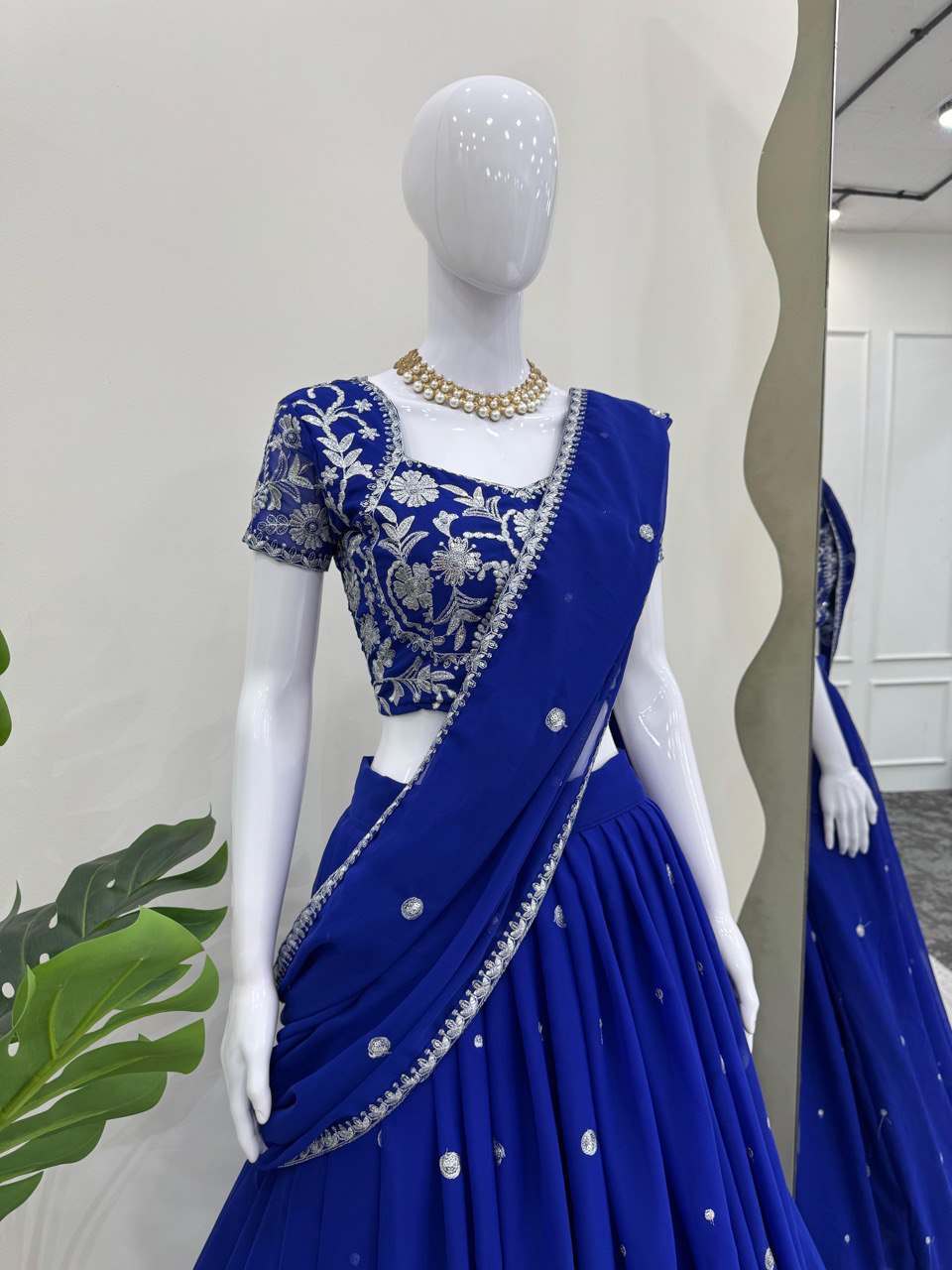 Blue Elegant Ruffle-Style Lehenga Saree with Sequins & Thread Work
