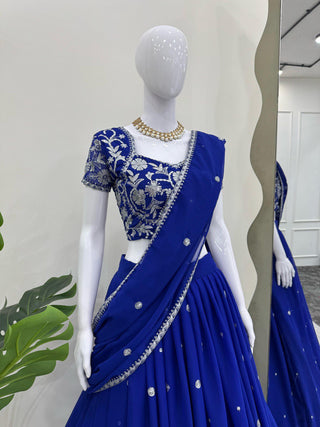 Blue Elegant Ruffle-Style Lehenga Saree with Sequins & Thread Work