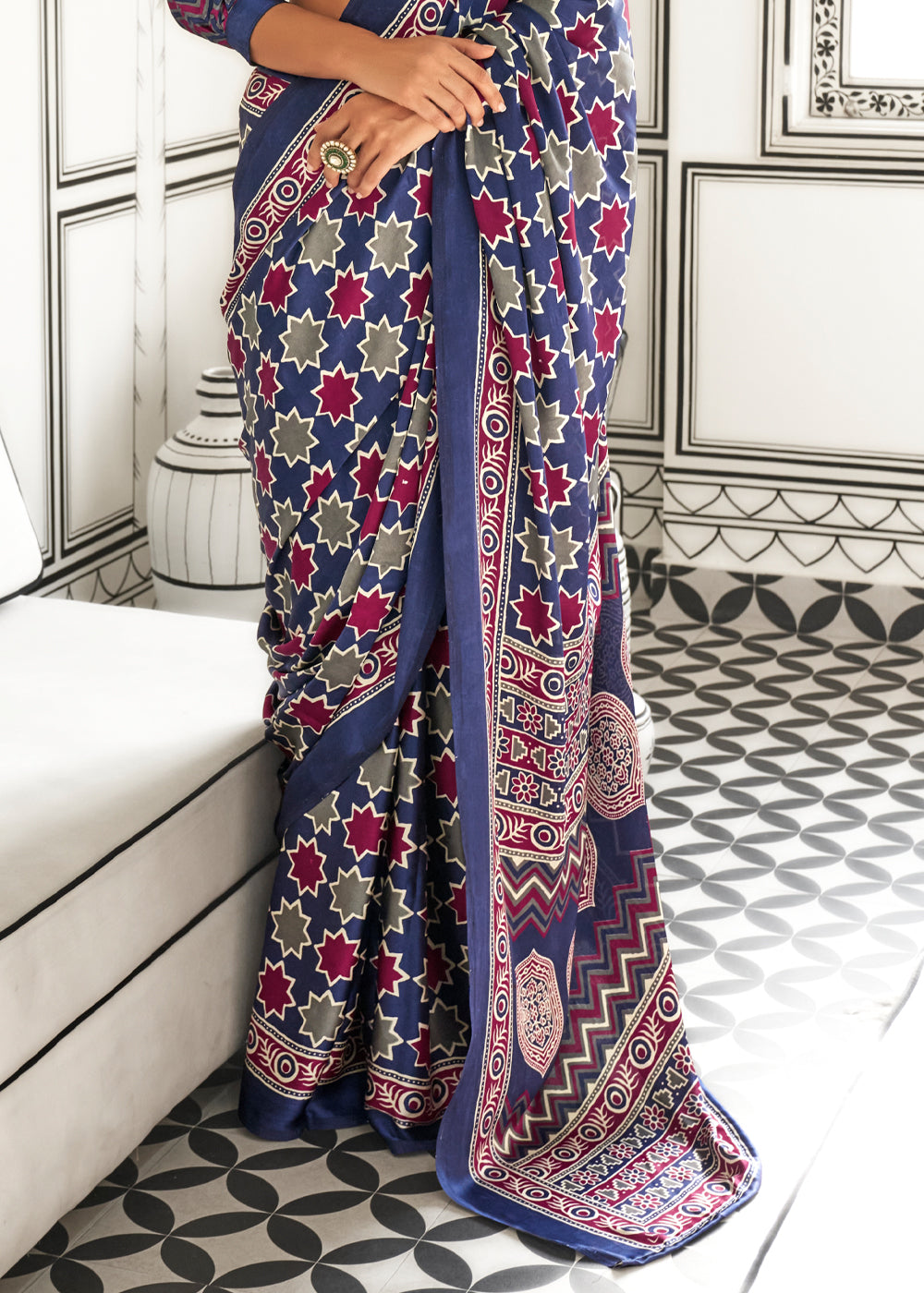 Blue Elegant Satin Crepe Saree – Luxurious & Graceful Drape ClothsVilla