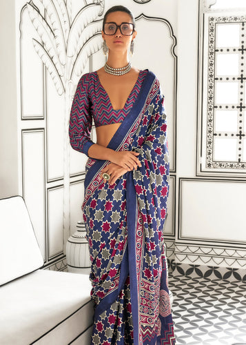 Blue Elegant Satin Crepe Saree – Luxurious & Graceful Drape ClothsVilla