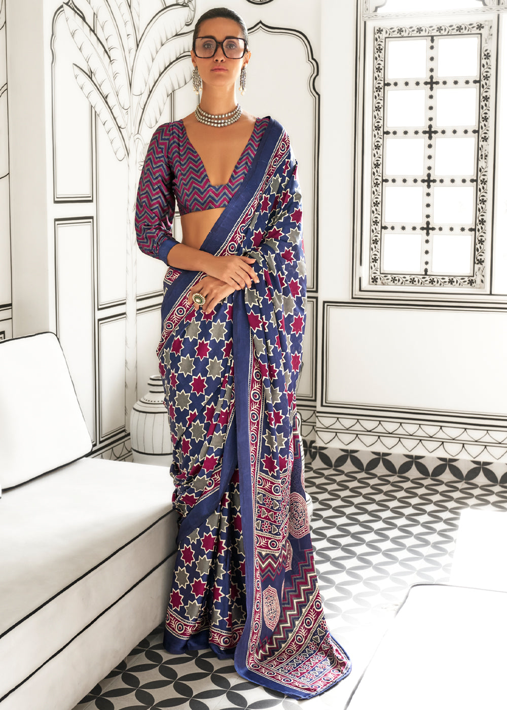 Blue Elegant Satin Crepe Saree – Luxurious & Graceful Drape ClothsVilla Main image