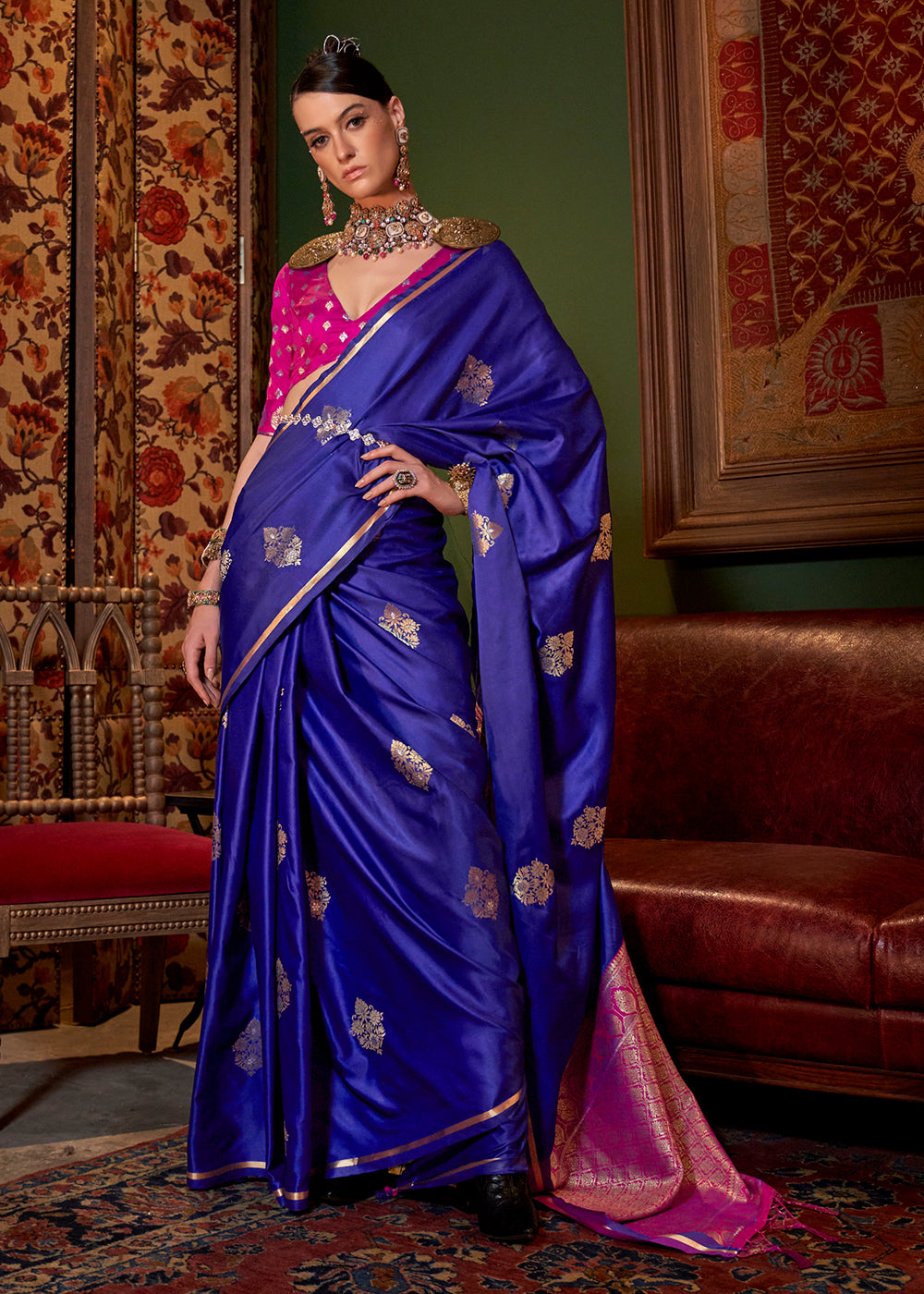 Blue Elegant Satin Silk Saree – Evening Cocktail & Dinner Party Wear ClothsVilla Main image