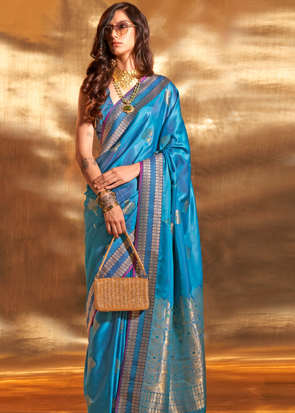 Blue Elegant Satin Silk Saree – Luxurious Drape for Every Occasion Secondary image