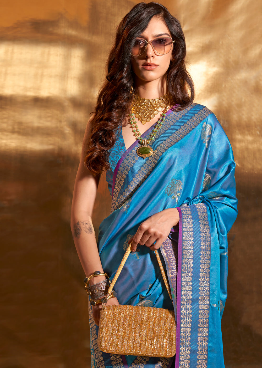 Blue Elegant Satin Silk Saree – Luxurious Drape for Every Occasion ClothsVilla